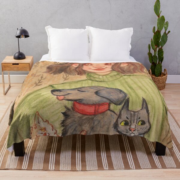 Item preview, cozy portrait of a girl and her 3 rescue pets designed and sold by CaptainRingtail.