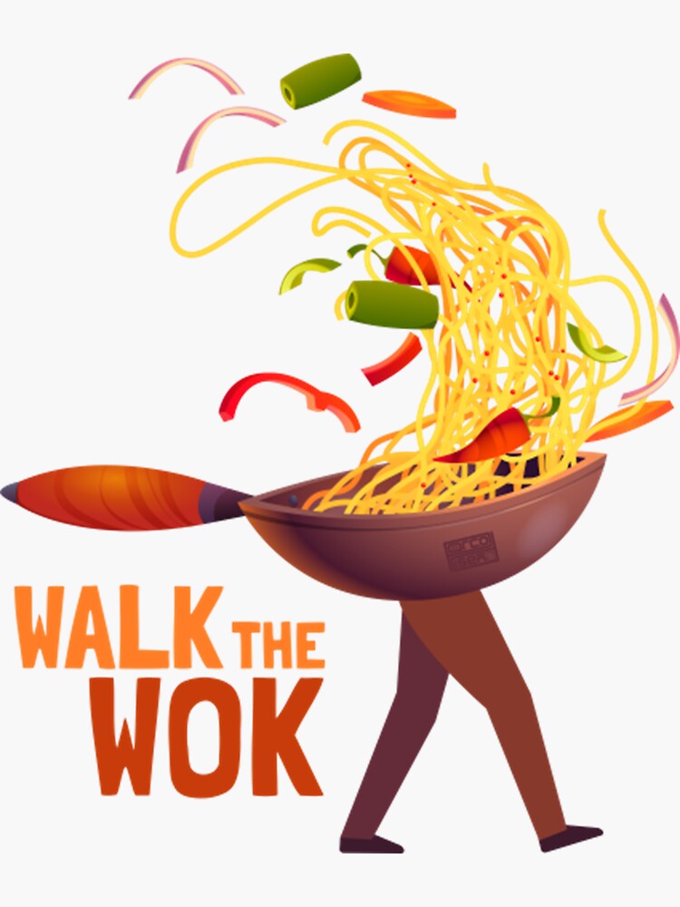 "Funny Walk Wok Walking Chinese Pot Pan Pun Asian Chef Noodle" Sticker