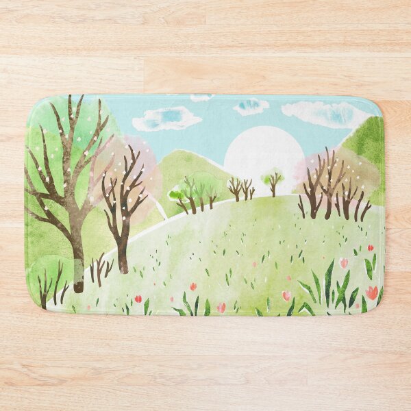 Item preview, Watercolor landscape with meadow, blooming trees, bly sky, flowers and mountains designed and sold by GalinaChe.