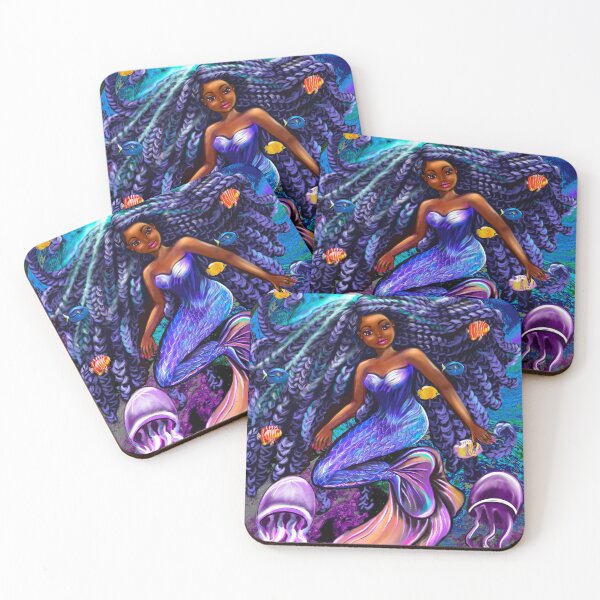 Item preview, mermaid underwater with flowing shimmering blue black braids fish and jelly fish  , brown eyes curly Afro hair and caramel brown skin designed and sold by Artonmytee.