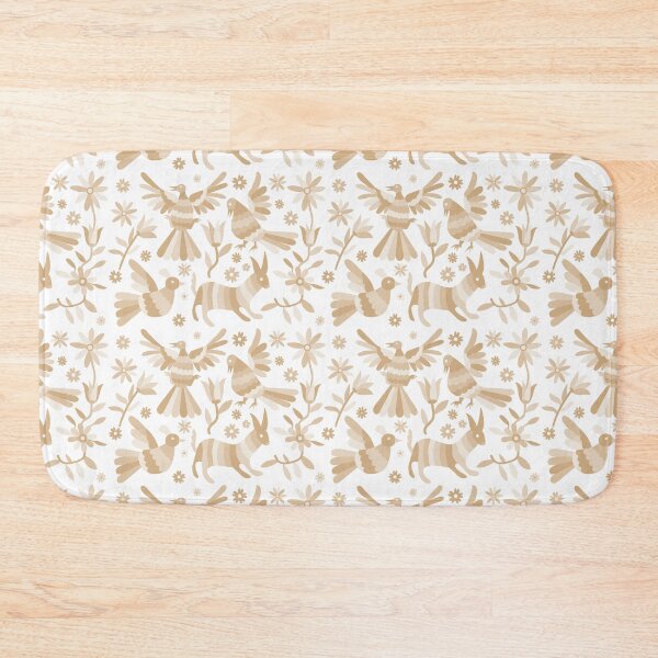 otomi, beige otomi texture, neutral colors, mexican otomi, mexican art, light brown, mexican craft, mexican folk, otomi texture, mexican pattern, flowers, birds, animals, gray texture Bath Mat