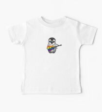 Baby Penguin Playing Gay Pride Rainbow Flag Guitar Baby Tee