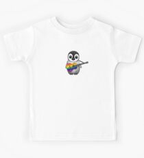 Baby Penguin Playing Gay Pride Rainbow Flag Guitar Kids Tee