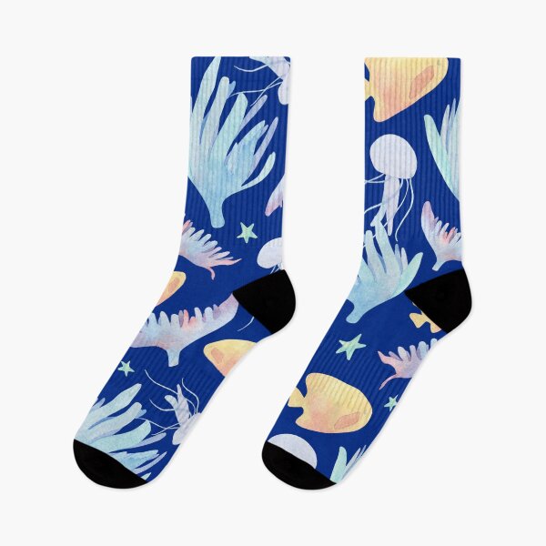 Item preview, World Beach Day Cute Blue Sea Fishes Turtles Jellyfish Socks Swimmers Aquarium Gift Idea Sea Animals Socks  designed and sold by Dr.YesOrNo.