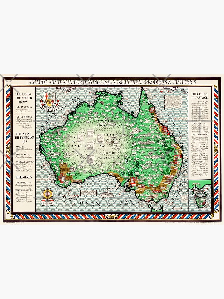 Disover Australia Agricultural Map - MacDonald Gill 1930 - Ancient Worlds Premium Matte Vertical Poster