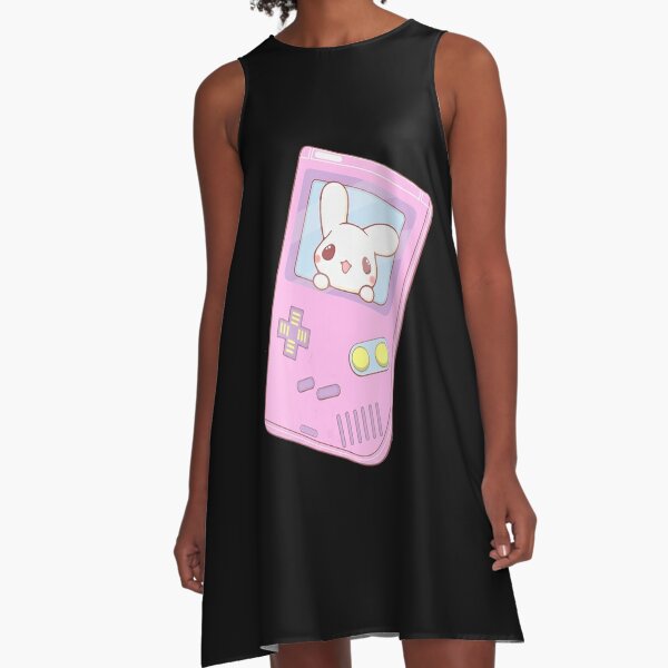 Womens Kawaii Gamer Bunny Rabbit Pastel Cute Rabbit V-Neck T-Shirt A-Line Dress