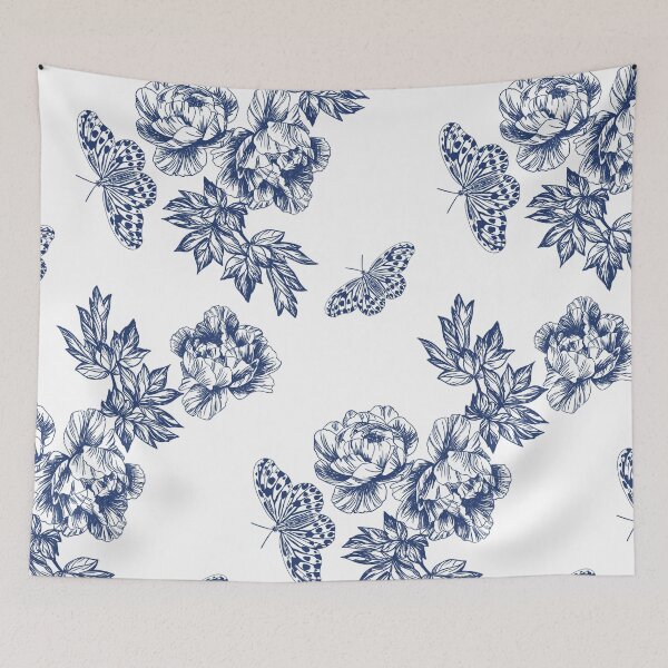 Item preview, Amazonian Butterflies Garden Exotic Floral Print, Blue and White designed and sold by meggydesigns.