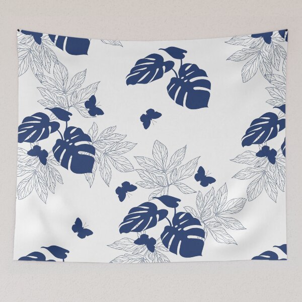 Item preview, Amazonian Palm Leaves and Butterflies Floral Prints, Blue and White designed and sold by meggydesigns.