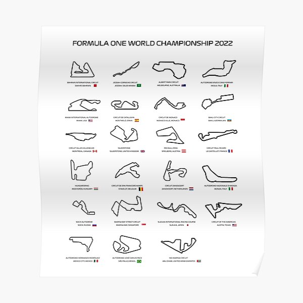 Alle F1 Race Tracks Circuits Kalender für 2022 (Schwarz) Poster