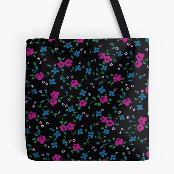 Item preview, Seamless Pattern Pink blue flowers and green leaves on black background designed and sold by homemadecreate.