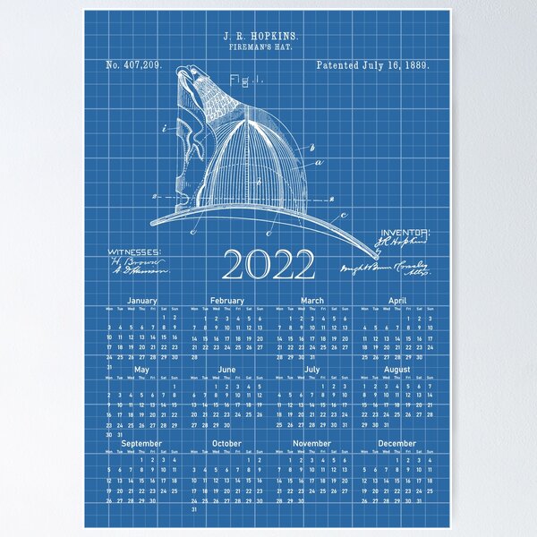 Artikelvorschau, Calendar 2022 Fireman's Helmet Patent Blueprint entworfen und verkauft von InkedArtPrints.