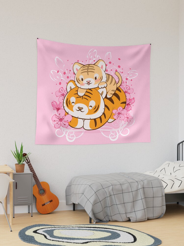 Cute Baby Tiger and Mom with Pastel Pink Sakura Kawaii Aesthetic Tapestry