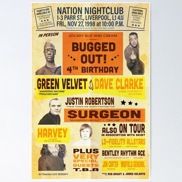 Item preview, Bugged Out 4th Birthday 1998 at Cream in Liverpool with Green Velvet Dave Clarke Surgeon and Harvey designed and sold by Lick-Design.