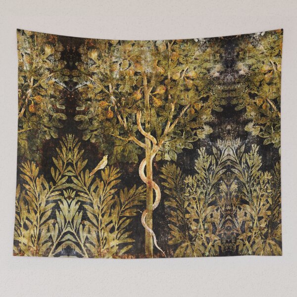 Aperçu de l'œuvre PEINTURES MURALES ROMAINES ANTIQUES, SERPENT EN FIGUIER ET OISEAU, FLORAL VERT NOIR créée et vendue par BulganLumini.