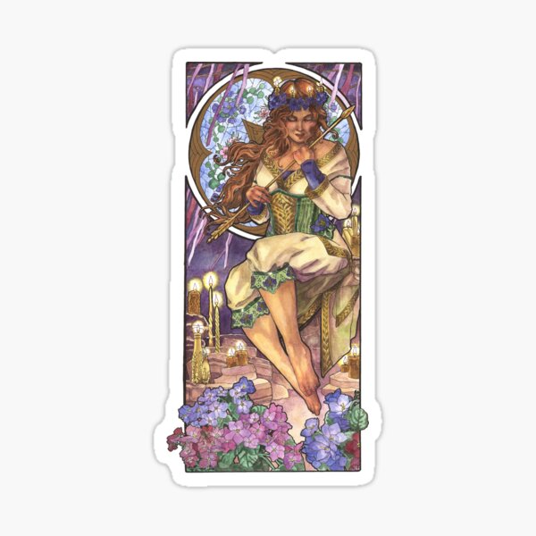 Lady of February Art Nouveau Birthstone and Birth Flower Mucha Inspired Goddess Art with Violets and Candles Sticker