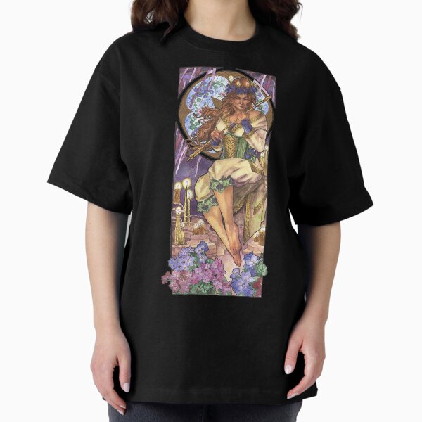 Lady of February Art Nouveau Birthstone and Birth Flower Mucha Inspired Goddess Art with Violets and Candles Oversized T-Shirt