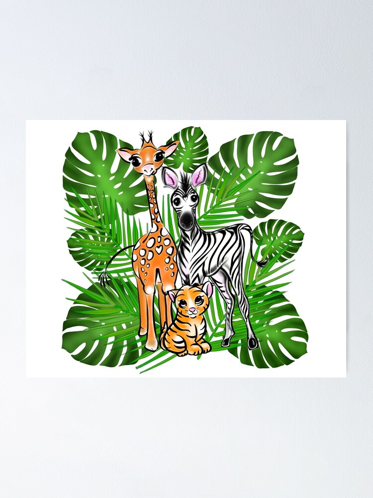 "Safari friends, Giraffe, Zebra, Tiger, tropical botanical jungle