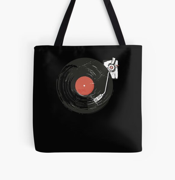 Black Vinyl Record Pattern Print Leather Tote Bag