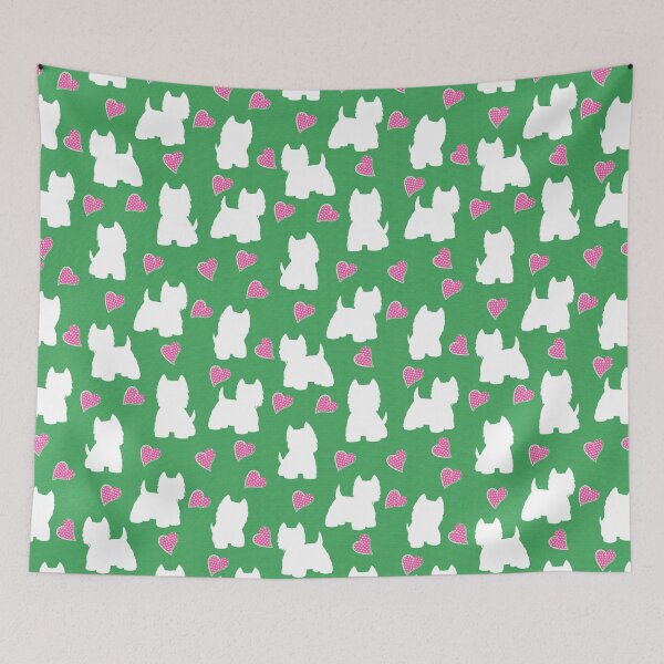 Item preview, Westie love - green background with pink hearts designed and sold by WarmAndWestie.
