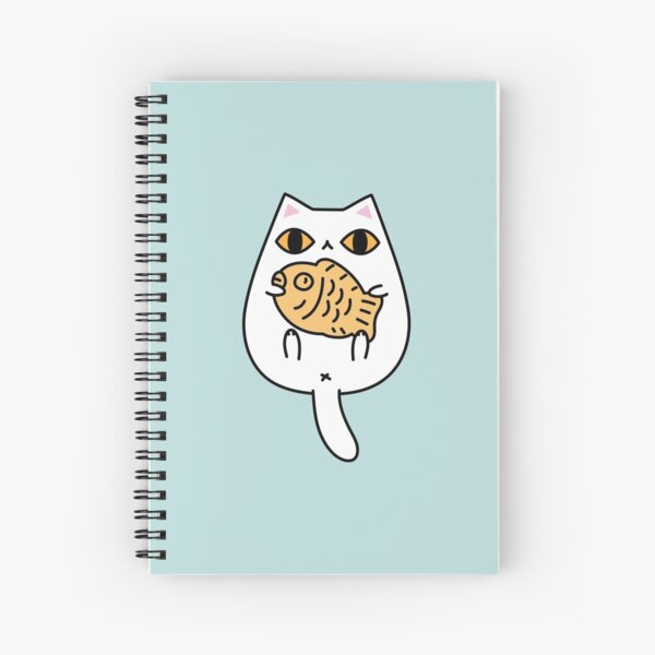 Grumpy White Cat with Taiyaki Japanese Fish Cake Spiral Notebook