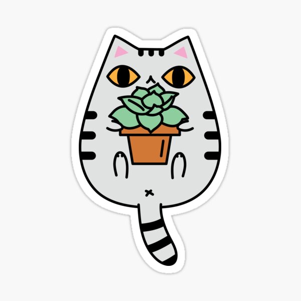 Gray Tabby Cat and Succulent Plant Sticker