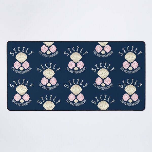 Art Deco Mediterranean Islands, Sicily, Italy, Muted Beige Text- Beach / Vacation Desk Mat