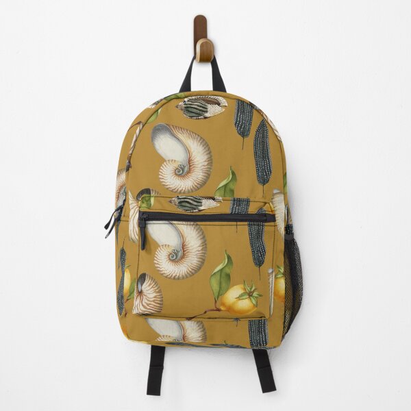 Artikelvorschau, Botanisches Muster mit Nautilus-Muscheln, Federn und Früchten in Chai Tea Brown entworfen und verkauft von Trish Dish.