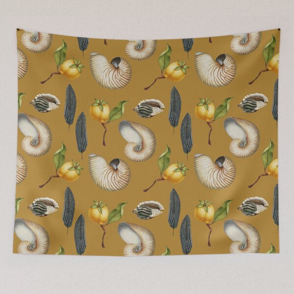 Artikelvorschau, Botanisches Muster mit Nautilus-Muscheln, Federn und Früchten in Chai Tea Brown entworfen und verkauft von Trish Dish.