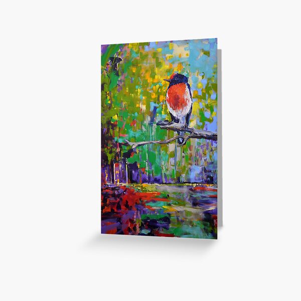 Red Crested Robin in Paradise, expressive painting. Greeting Card