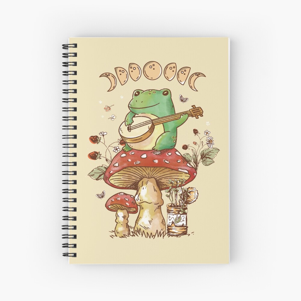 Cottagecore Aesthetic Frog With Banjo Mushroom Moon Phases Art Spiral Notebook By Mreddie10