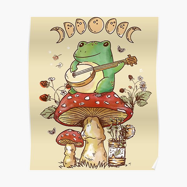Cottagecore Aesthetic Frog With Banjo Mushroom Moon Phases Art Poster