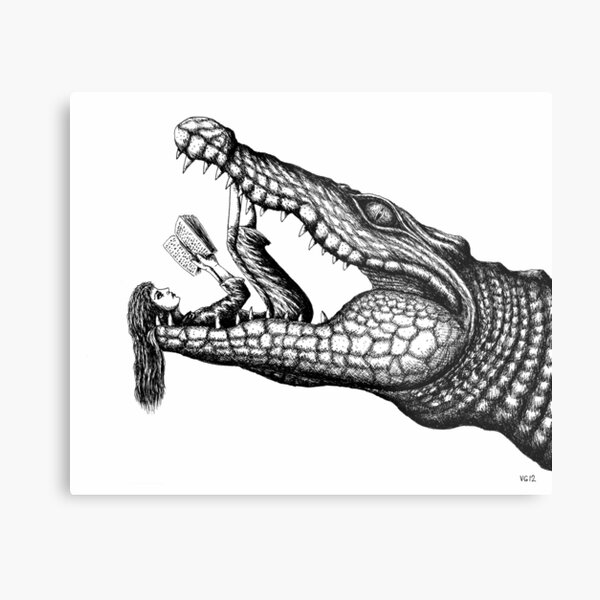 Crocodile Reading surreal pen ink black and white drawing Metal Print