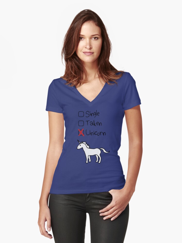 Thumbnail 1 of 3, Fitted V-Neck T-Shirt, Single? Taken? Unicorn! designed and sold by jezkemp.