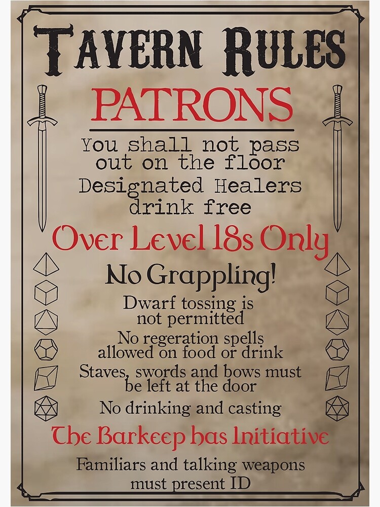 DND Drinking Rules Sign Fun Wall Art Table Top Gaming Accessories Dungeons  and Dragons Prop Fun Stat Adjustement Game 