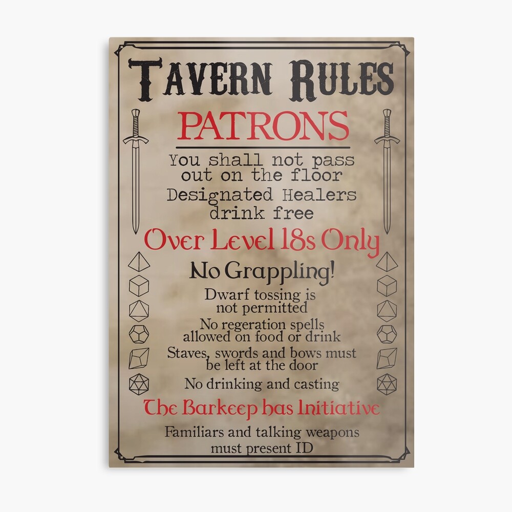 DND Drinking Rules Sign Fun Wall Art Table Top Gaming Accessories Dungeons  and Dragons Prop Fun Stat Adjustement Game 