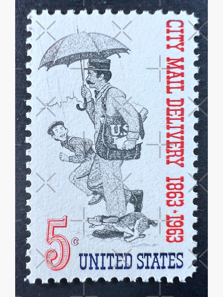 "City Mail Delivery 1963 Mailman Vintage Postage Stamp" Sticker for