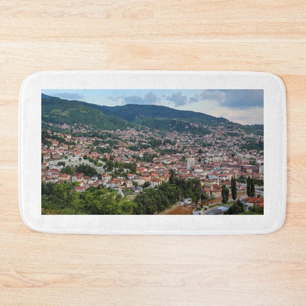 Item preview, A view over the Sirokaca neighbourhood and the Miljacka River in Sarajevo at sunset, Bosnia and Herzegovina designed and sold by SnapTPhotograph.