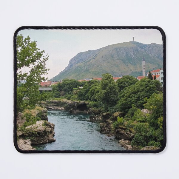 Item preview, The Neretva River flowing through Mostar, with Hum Hill and the Christain Cross in the background, Bosnia and Herzegovina designed and sold by SnapTPhotograph.