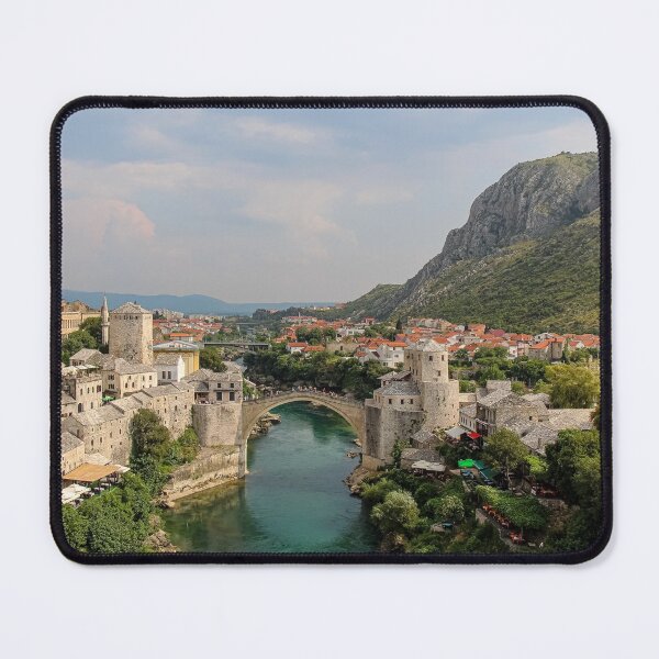 Item preview, The arched Old Bridge in Mostar across the Neretva River, with Hum Hill in the background, Bosnia and Herzegovina designed and sold by SnapTPhotograph.