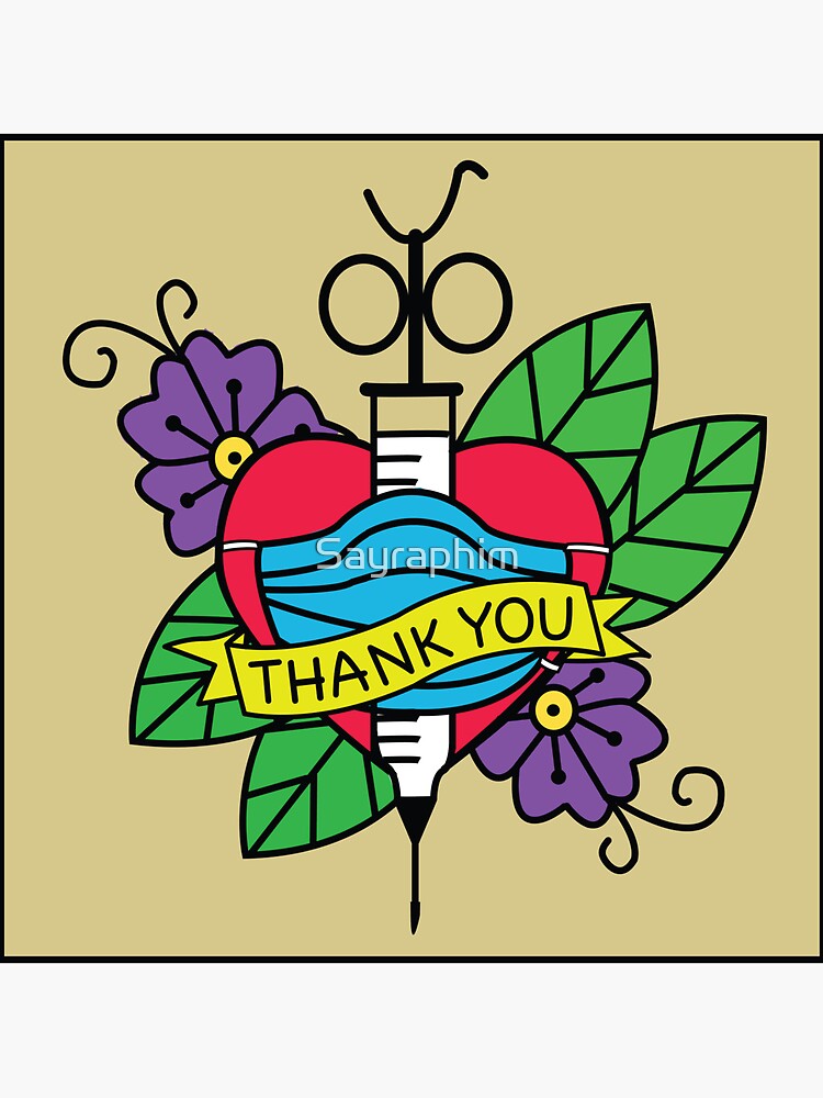 Thumbnail 3 of 3, Sticker, Thank You for getting Vaccinated and Wearing A Mask Old School Tattoo design designed and sold by Sayraphim.