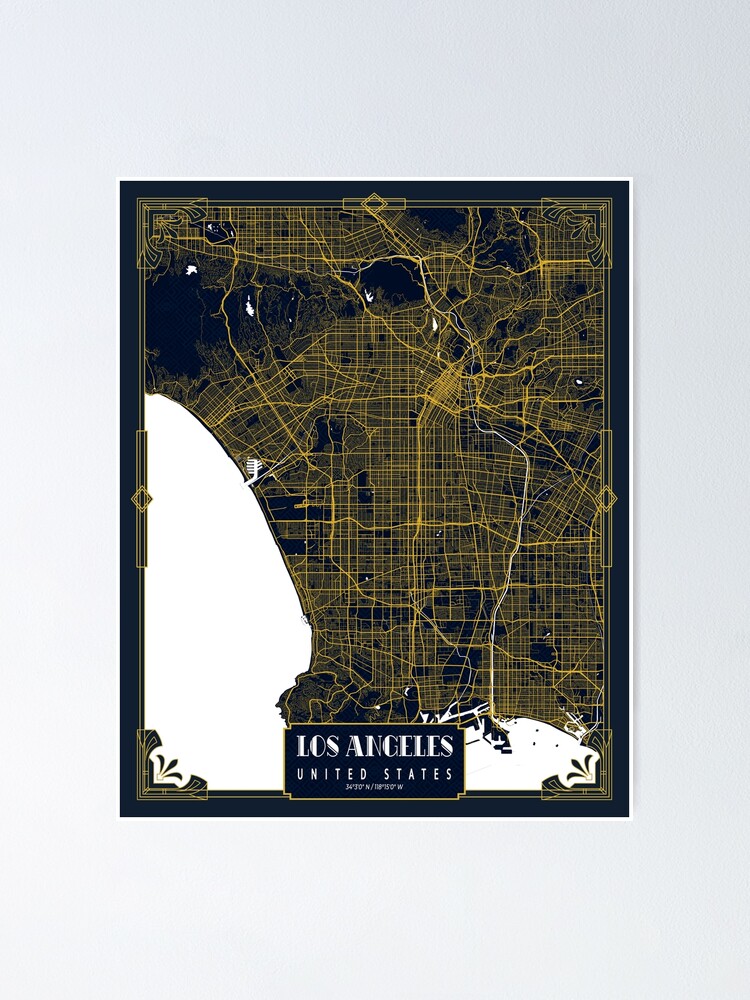 Oblea divorcio firma Póster «Mapa de la ciudad de Los Ángeles de los Estados Unidos - Art Deco  de oro» de deMAP | Redbubble