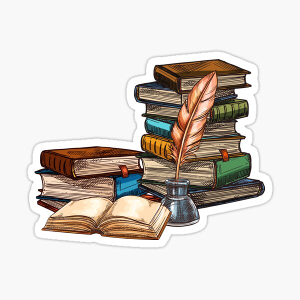 stack of books with Quill & Ink  Sticker for Sale by YANAY-FASHION
