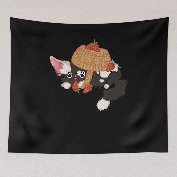 Item preview, Cottagecore Strawberries and a Black Cute Fluffy Cat designed and sold by FalkDania.