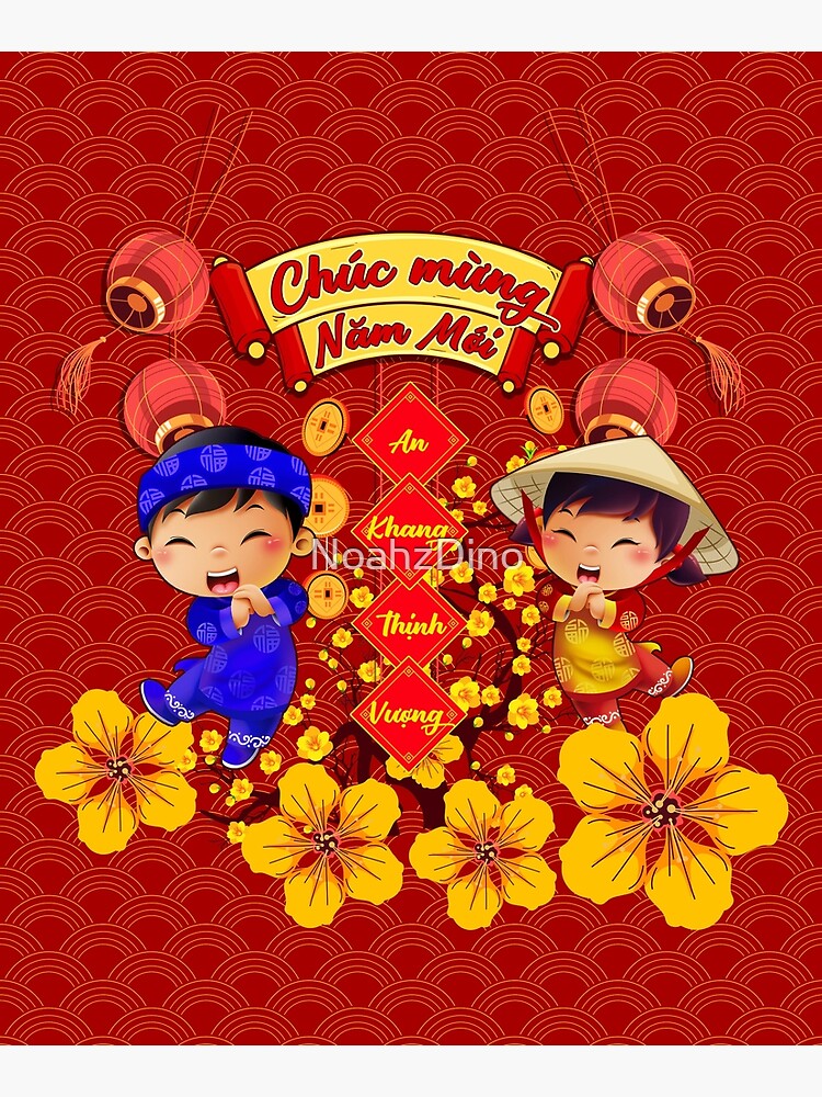 "Vietnamese Tet Chuc Mung Nam Moi Happy Lunar New Year Boy Girl Apricot Blossom" Poster by