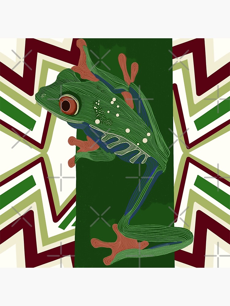 Disover Poison dart frog sitting on stem with patterned green and cream zig zag background Premium Matte Vertical Poster