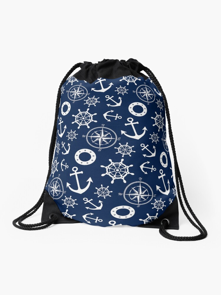 Canvas Drawstring Sailor Backpack with Rope Detail, Navy and White