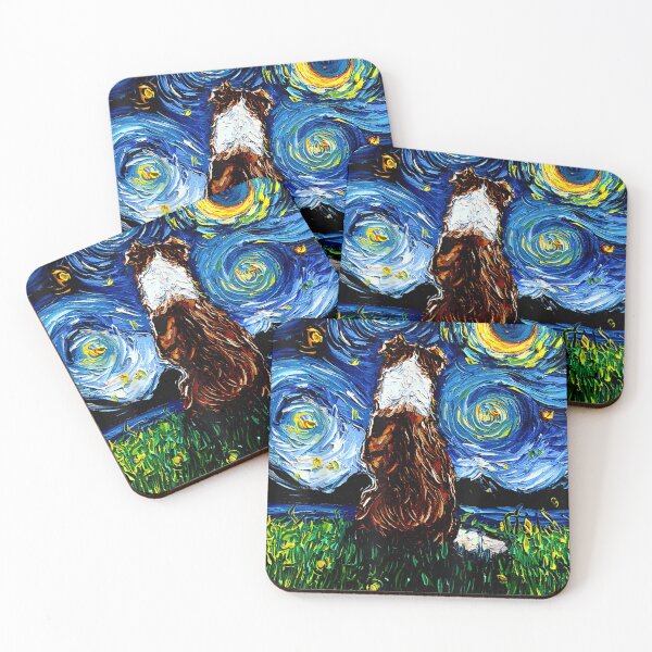 Artikelvorschau, Rot-weißer Border Collie Back Starry Night Dog Art von Aja entworfen und verkauft von maich45.