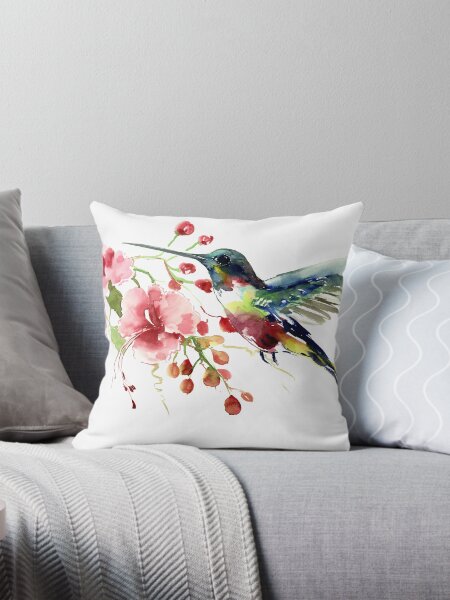 Hummingbird and Flowers Throw Pillow