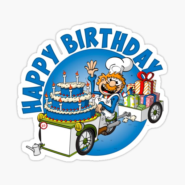 Happy birthday illustration. The cook who delivers the birthday cake. Sticker