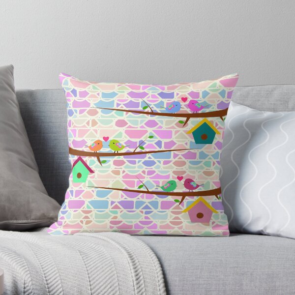 Cute birds and colorful bricks Throw Pillow